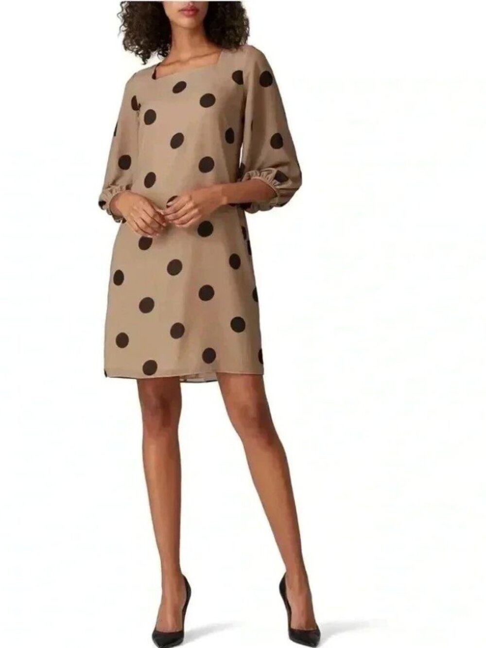Amanda Uprichard Tan Polka Dot Walsh Sheer Sleeve Square Neckline Sheath Dress S